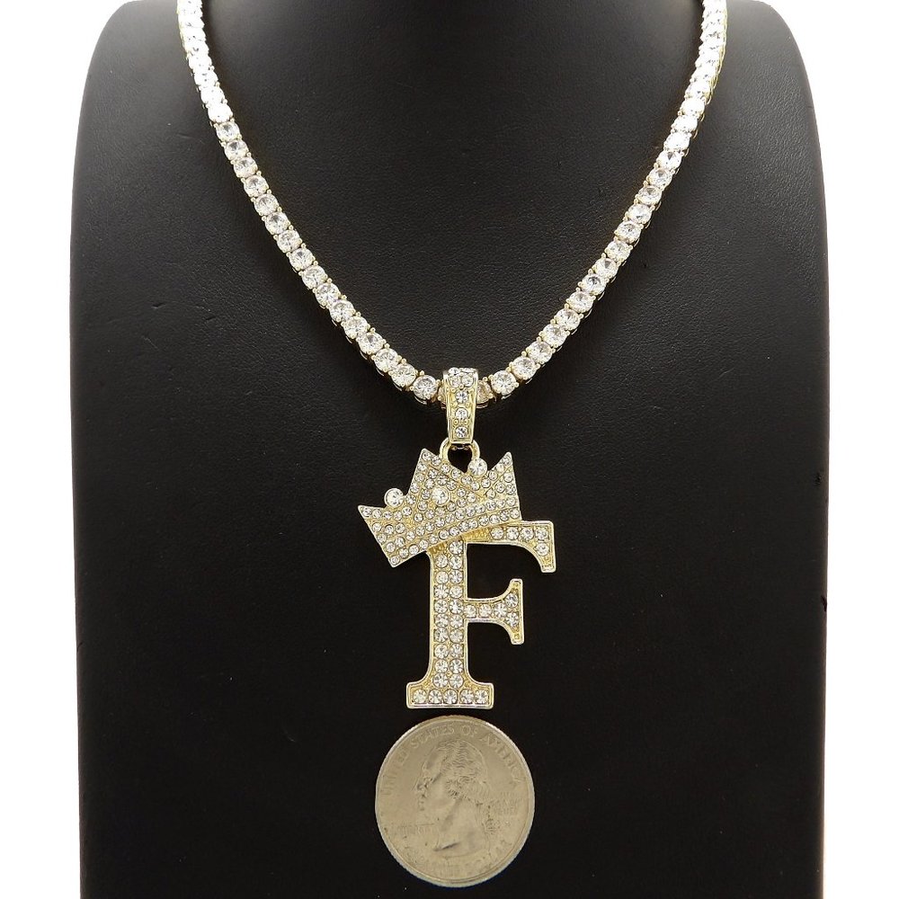 Initial Letter "F" Pendant Tennis Chain Necklace